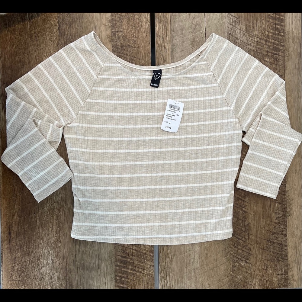 WINDSOR Long Sleeve Crop Top, Tan & White Stripe